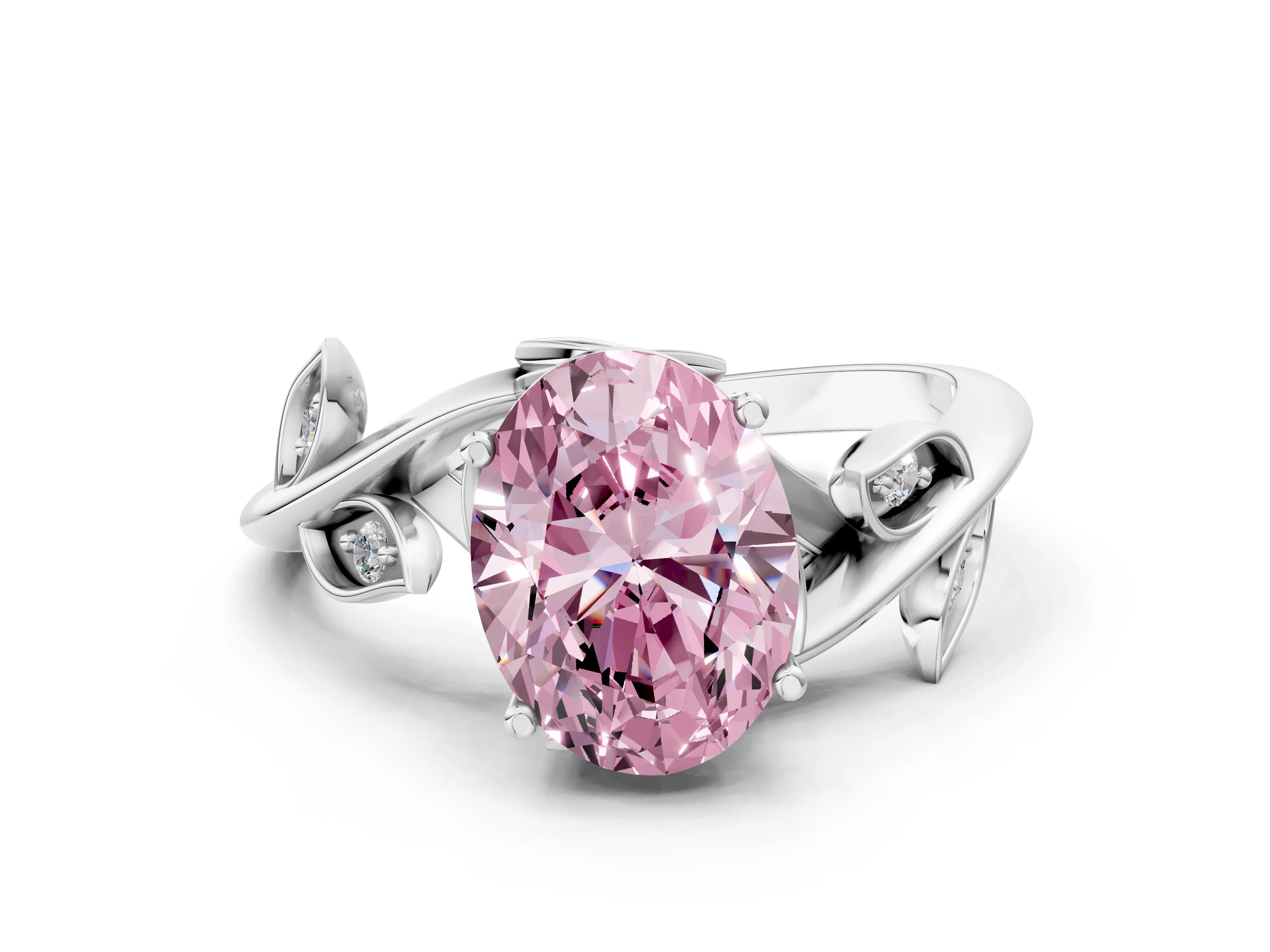White gold Fancy Pink Oval Cut Solitaire Twist Engagement Ring with Leaf Accents and Prong Setting