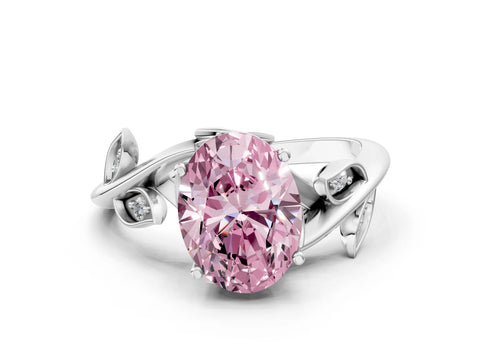 White gold Fancy Pink Oval Cut Solitaire Twist Engagement Ring with Leaf Accents and Prong Setting