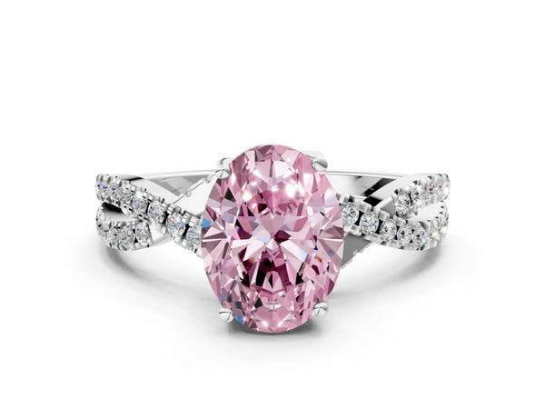 White gold Fancy Pink Oval Cut Solitaire Twist Pave Diamond Engagement Ring with Prong Setting