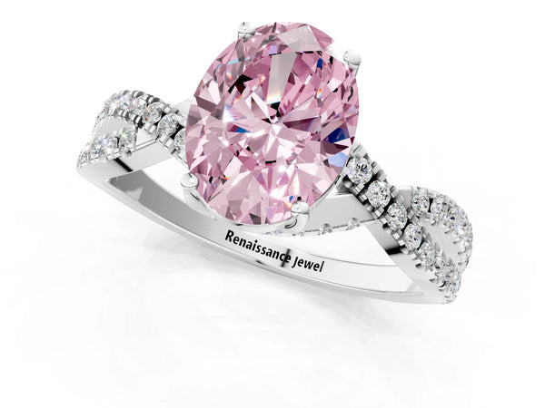 White gold Fancy Pink Oval Cut Solitaire Twist Pave Diamond Engagement Ring with Prong Setting