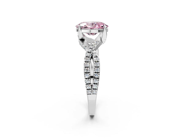 White gold Fancy Pink Oval Cut Solitaire Twist Pave Diamond Engagement Ring with Prong Setting