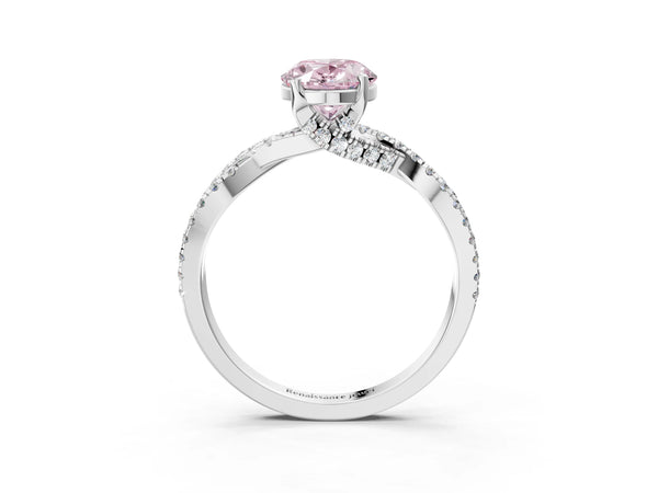 White gold Fancy Pink Oval Cut Solitaire Twist Pave Diamond Engagement Ring with Prong Setting