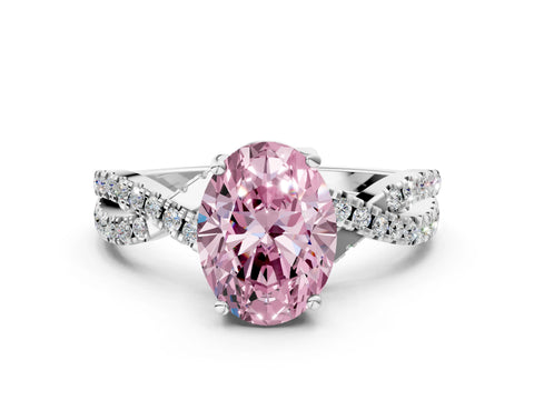 White gold Fancy Pink Oval Cut Solitaire Twist Pave Diamond Engagement Ring with Prong Setting