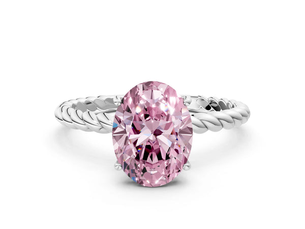 Platinum Fancy Pink Oval Cut Solitaire Twisted Band 4-Prong Ring