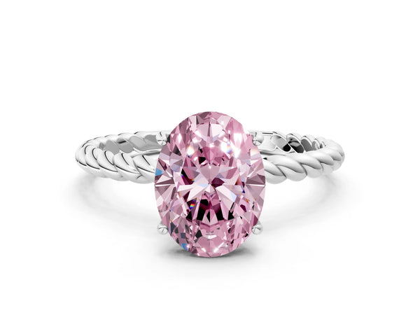 Platinum Fancy Pink Oval Cut Solitaire Twisted Band 4-Prong Ring