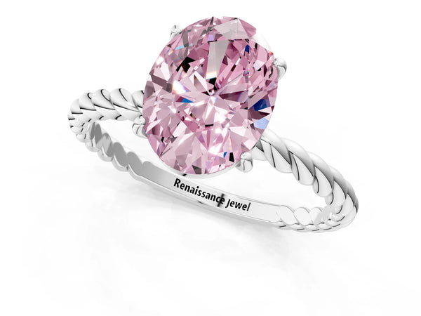 Platinum Fancy Pink Oval Cut Solitaire Twisted Band 4-Prong Ring
