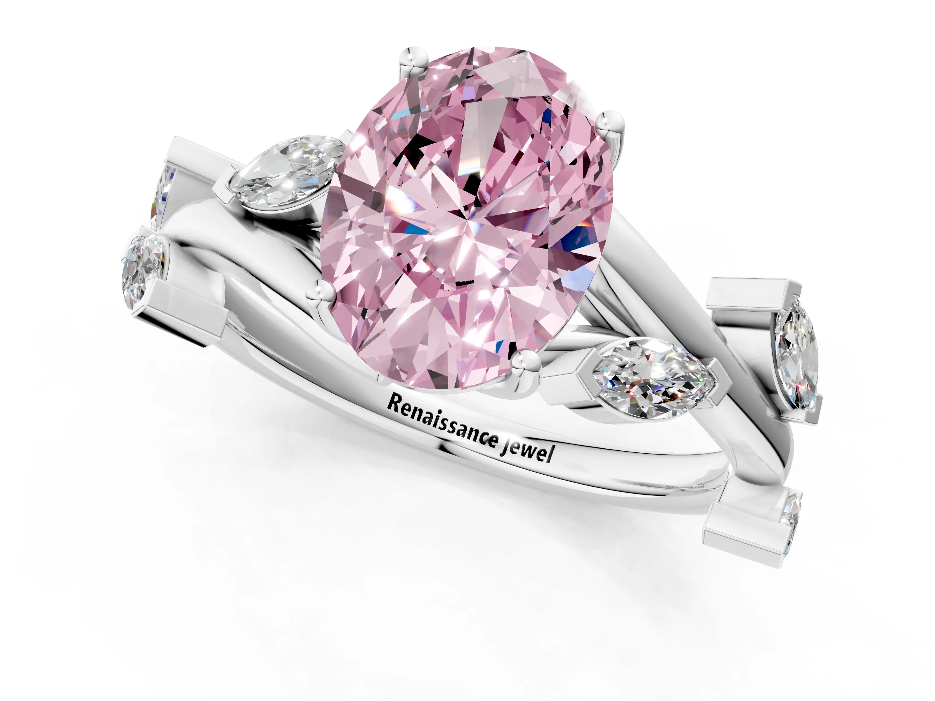 White gold Fancy Pink Oval Cut Solitaire Twisted Band Marquise Accent Prong Setting Ring_1