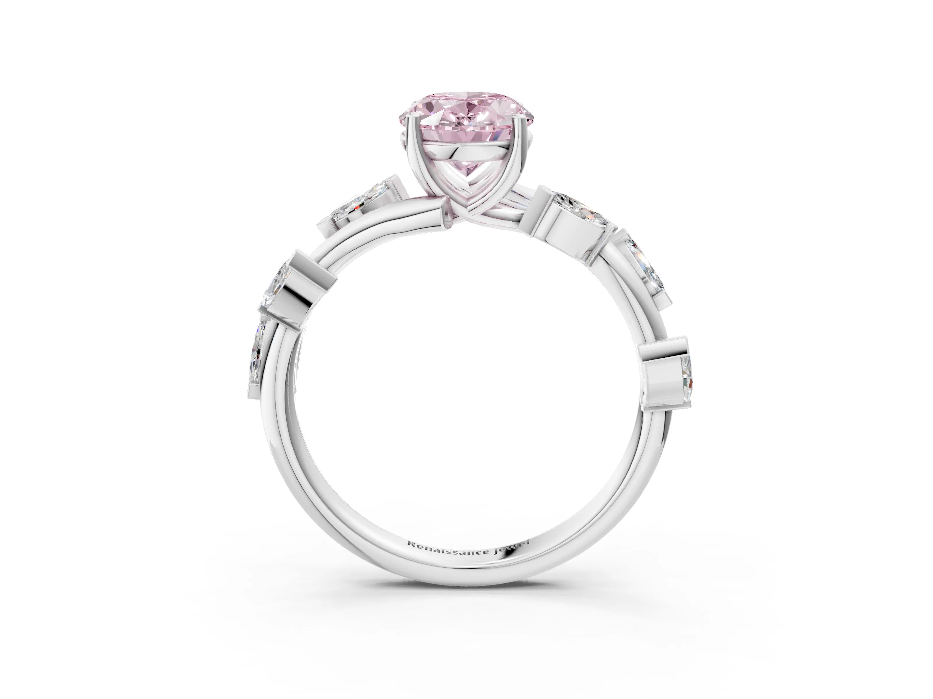 White gold Fancy Pink Oval Cut Solitaire Twisted Band Marquise Accent Prong Setting Ring_3