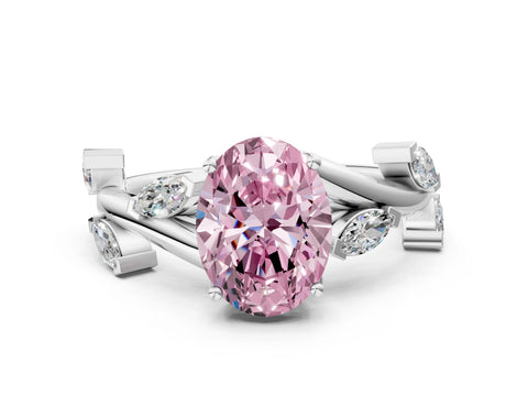 White gold Fancy Pink Oval Cut Solitaire Twisted Band Marquise Accent Prong Setting Ring