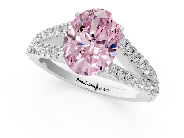 Platinum Fancy Pink Oval  Cut Split Shank Pave Diamond Engagement Ring with Four-Prong Setting