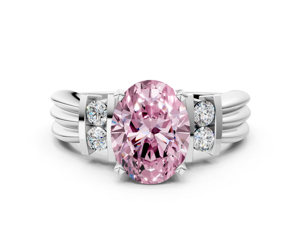 Platinum Fancy Pink Oval  Cut Three-Stone Channel Set Ring with Bar Prongs
