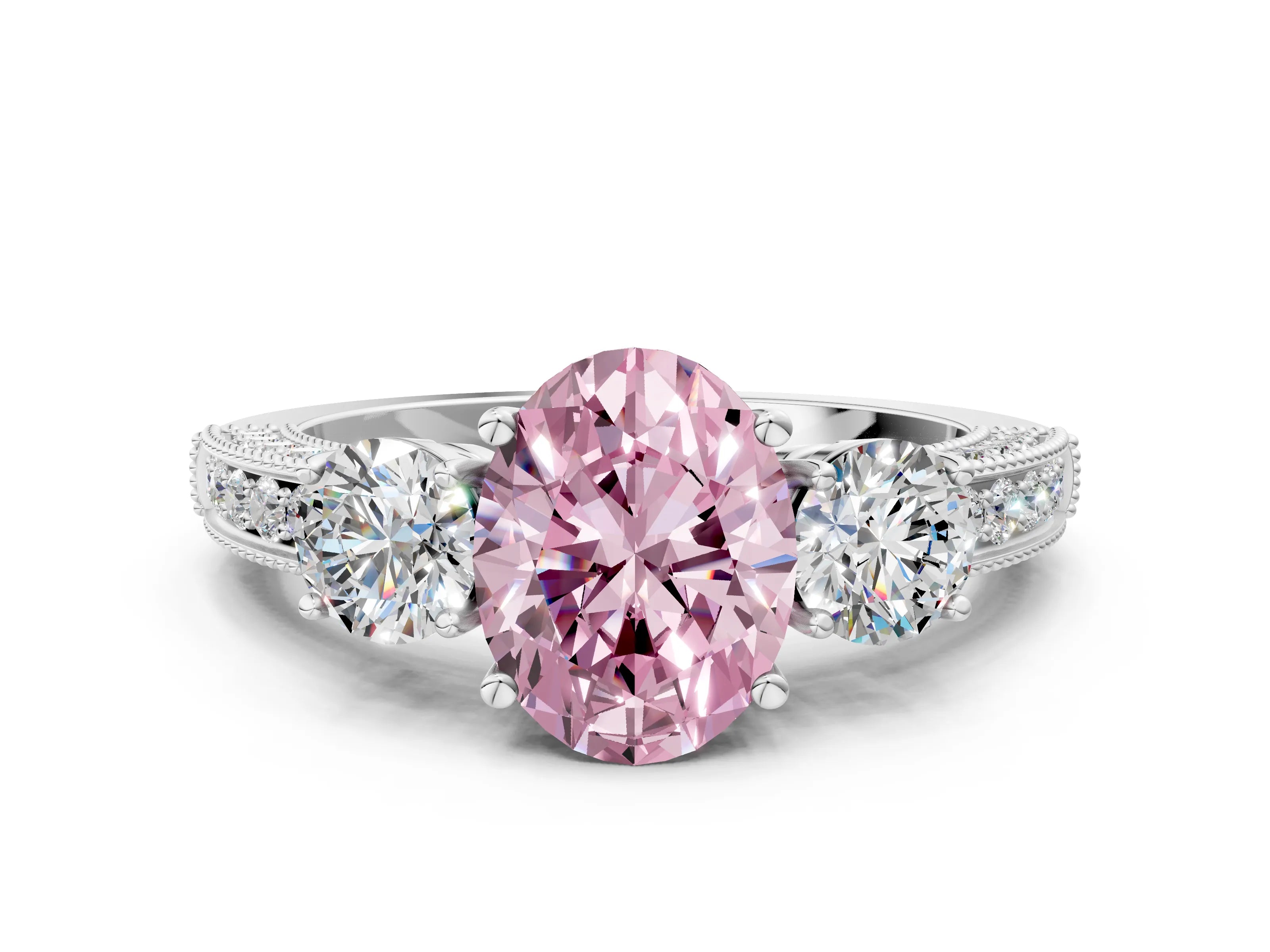 White gold Fancy Pink Oval Cut Three-Stone Diamond Ring with Pavé Band and Four-Prong Setting
