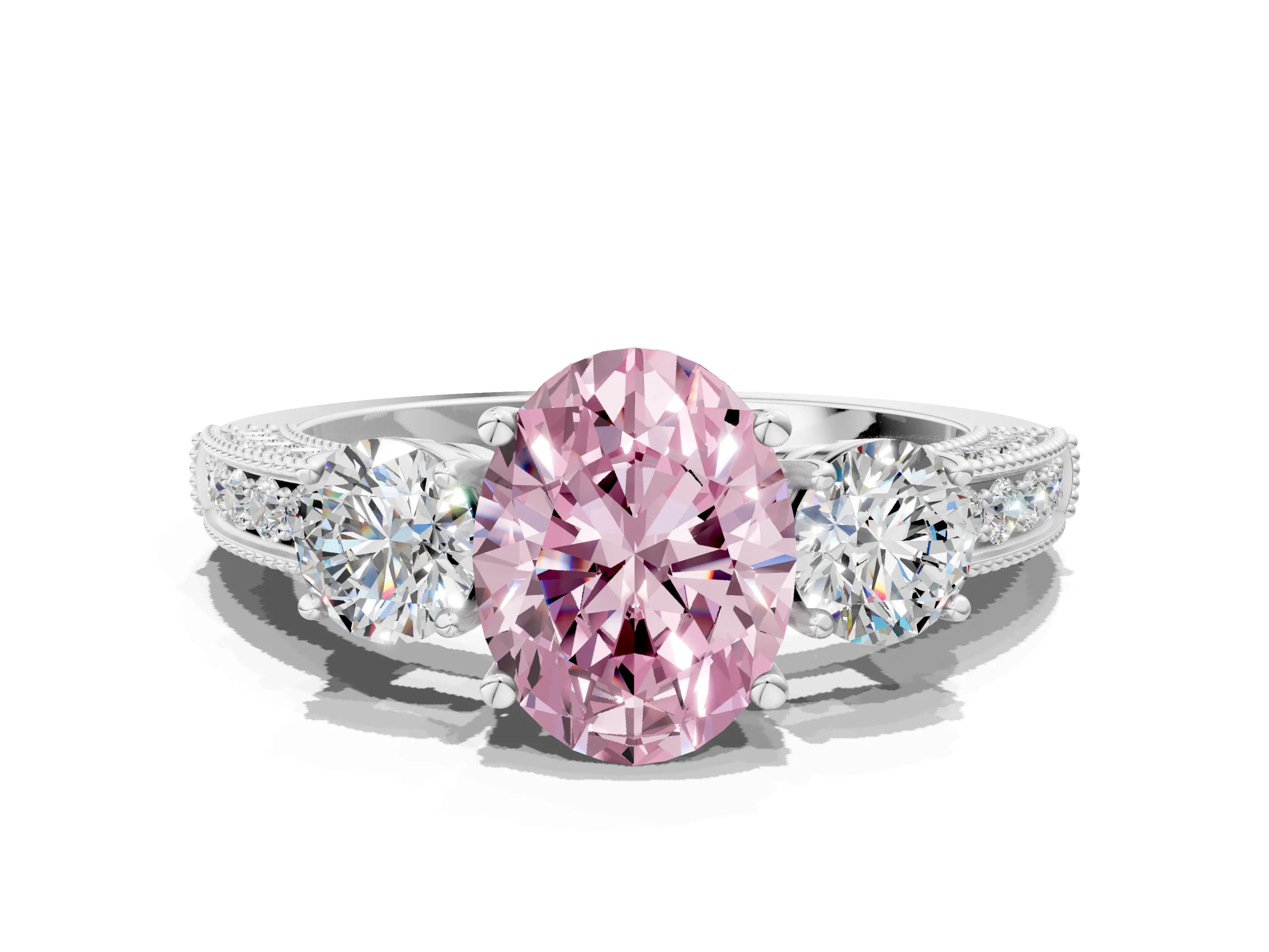 White gold Fancy Pink Oval Cut Three-Stone Diamond Ring with Pavé Band and Four-Prong Setting_12