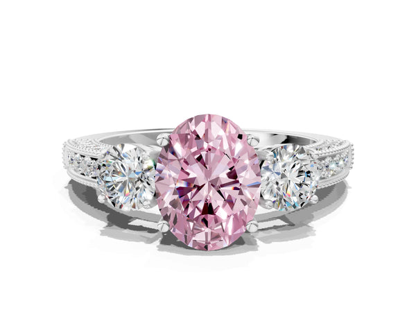 Platinum Fancy Pink Oval Cut Three-Stone Diamond Ring with Pavé Band and Four-Prong Setting