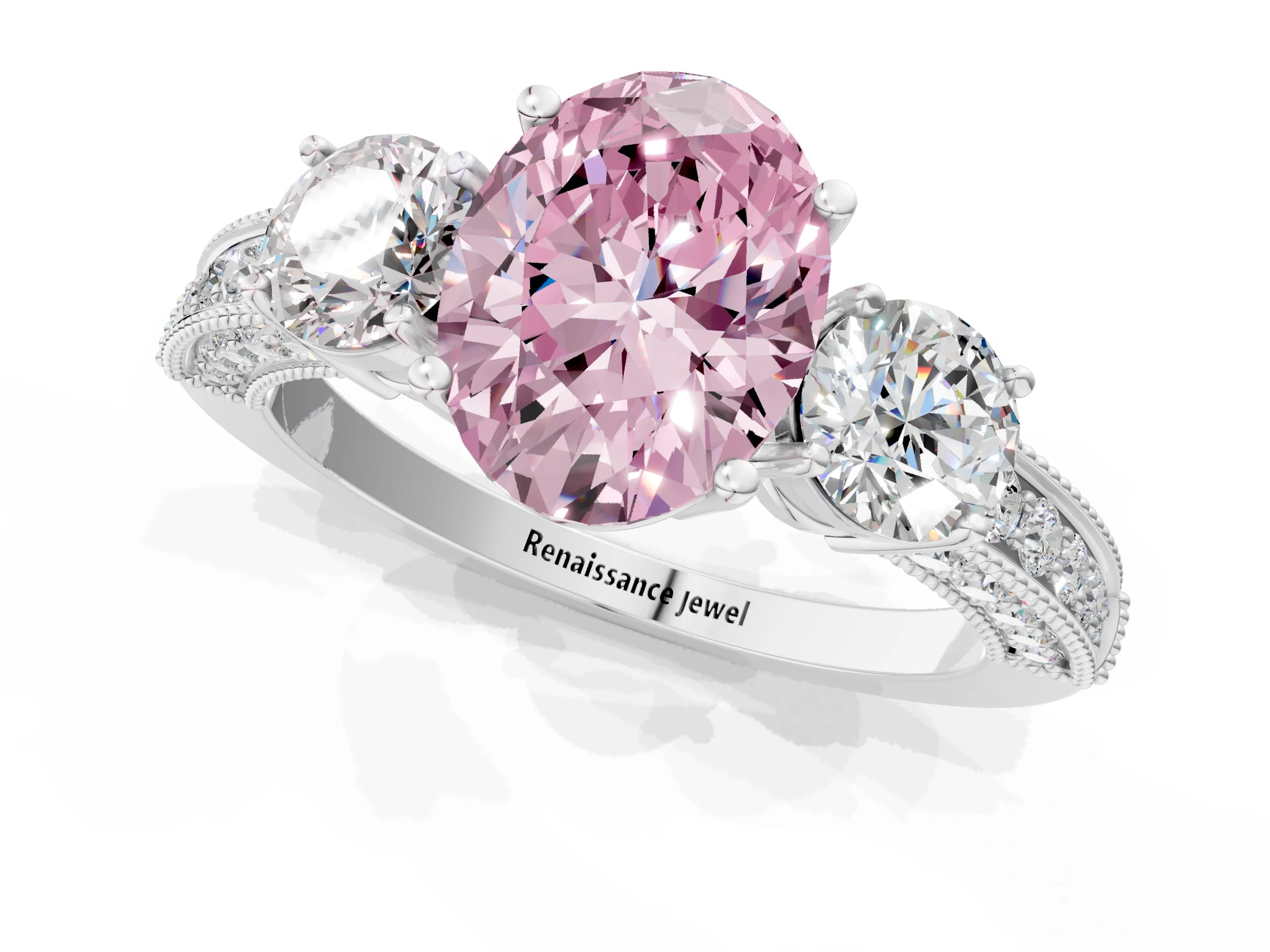 White gold Fancy Pink Oval Cut Three-Stone Diamond Ring with Pavé Band and Four-Prong Setting_13