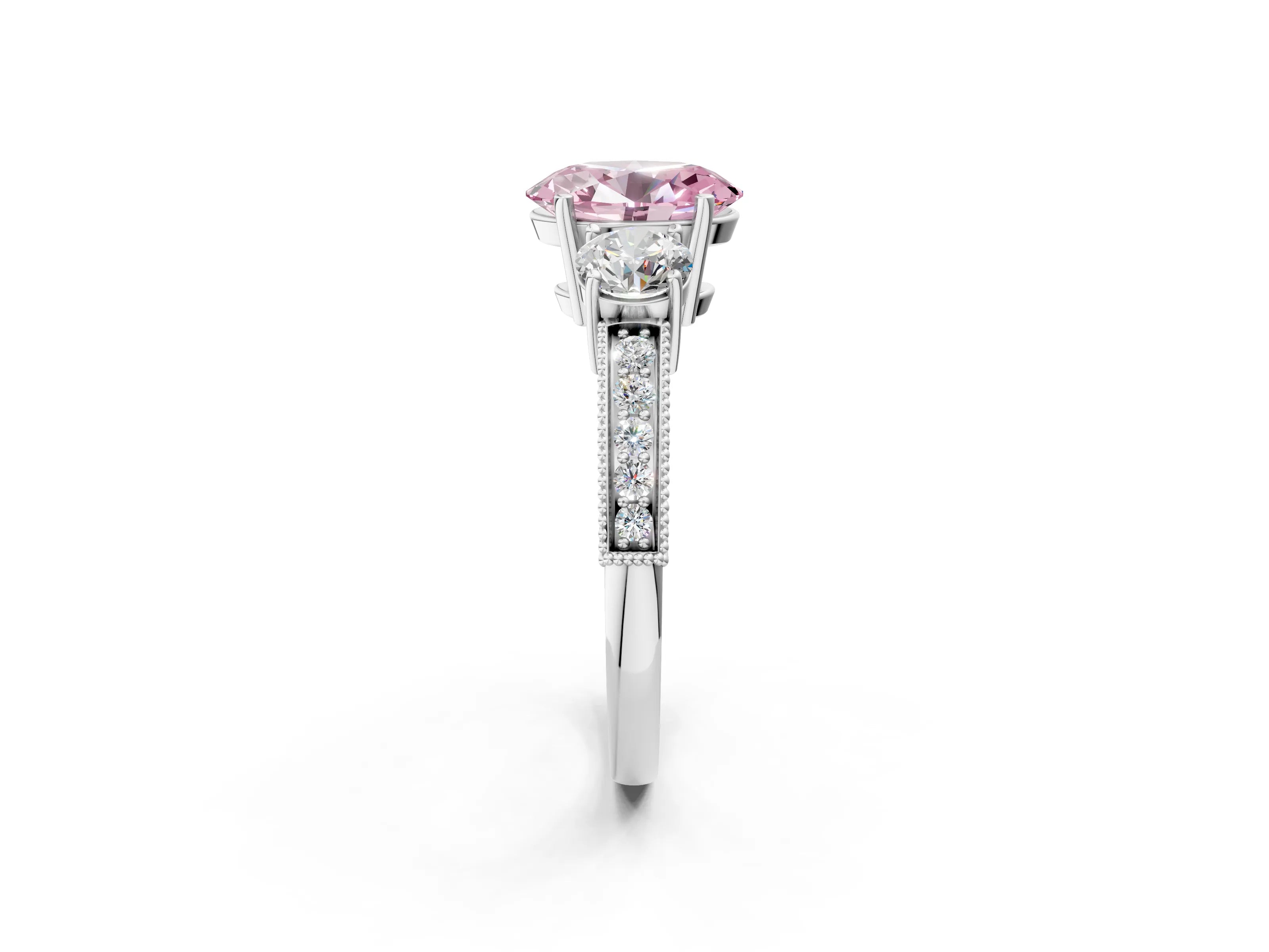 White gold Fancy Pink Oval Cut Three-Stone Diamond Ring with Pavé Band and Four-Prong Setting_14