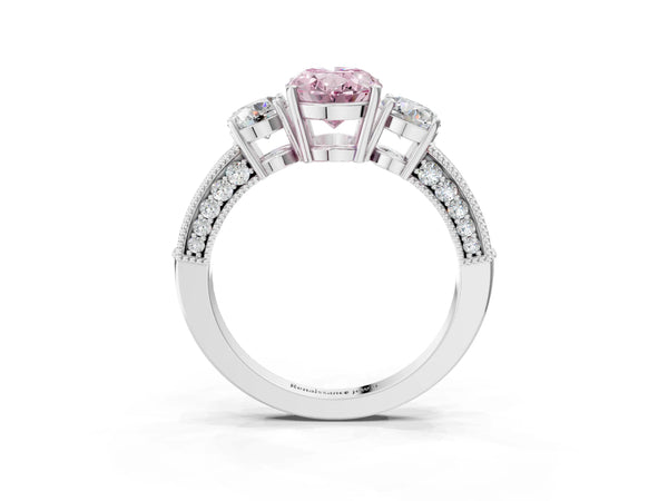 Platinum Fancy Pink Oval Cut Three-Stone Diamond Ring with Pavé Band and Four-Prong Setting