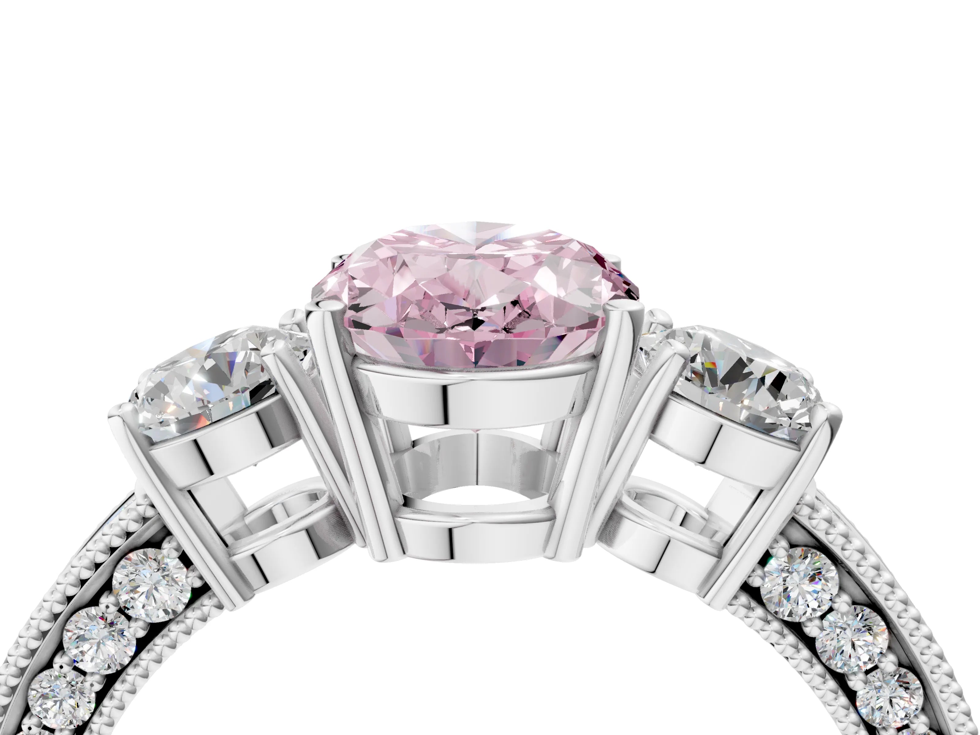 White gold Fancy Pink Oval Cut Three-Stone Diamond Ring with Pavé Band and Four-Prong Setting_16