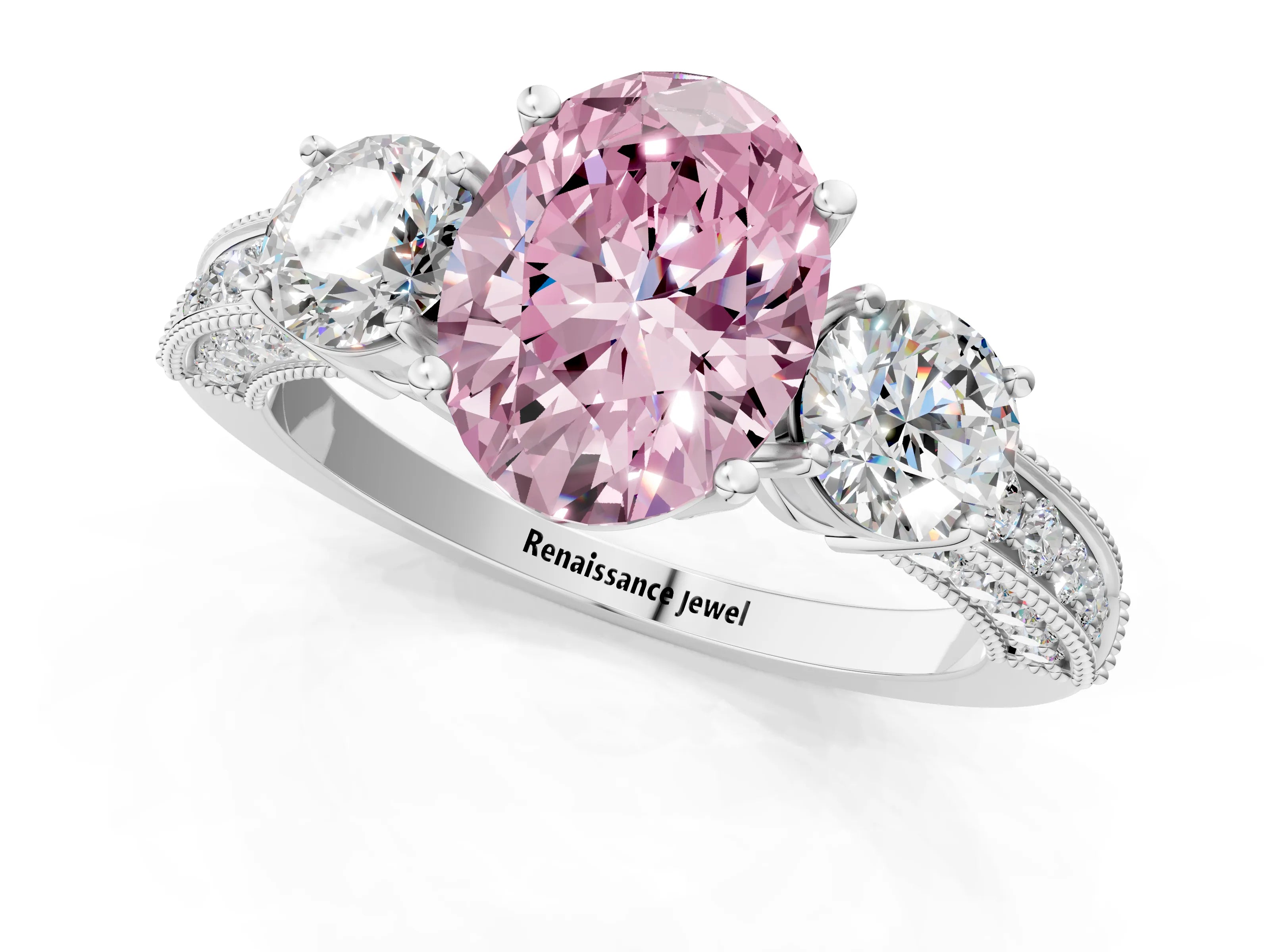 White gold Fancy Pink Oval Cut Three-Stone Diamond Ring with Pavé Band and Four-Prong Setting_1