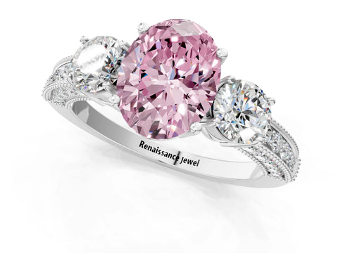 White gold Fancy Pink Oval Cut Three-Stone Diamond Ring with Pavé Band and Four-Prong Setting_1