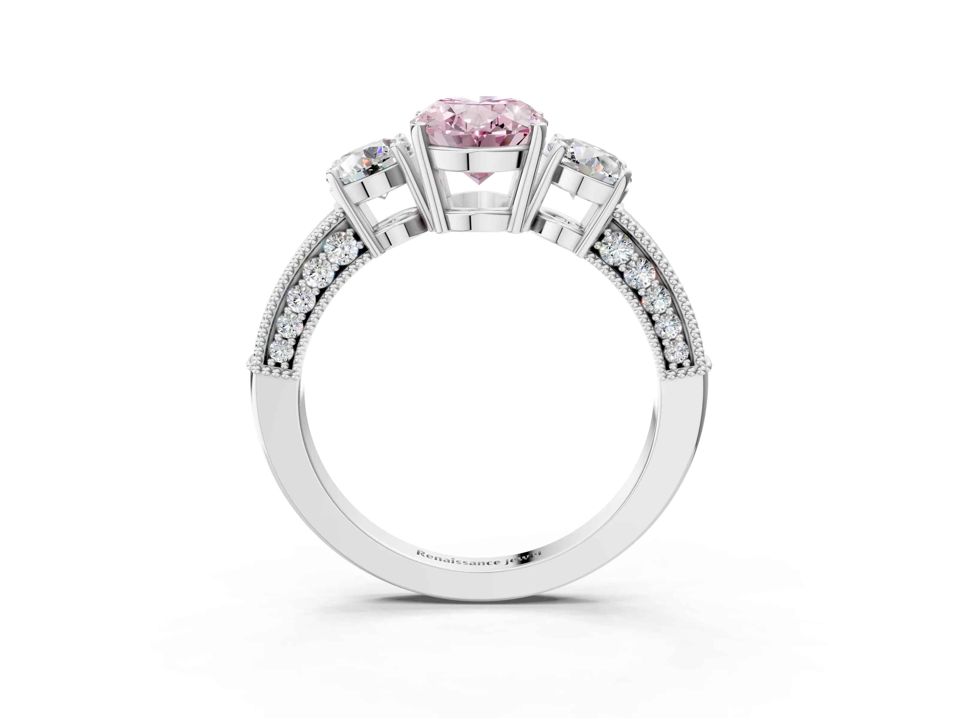 White gold Fancy Pink Oval Cut Three-Stone Diamond Ring with Pavé Band and Four-Prong Setting_3