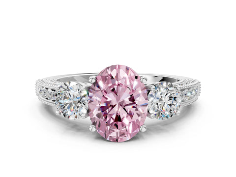 White gold Fancy Pink Oval Cut Three-Stone Diamond Ring with Pavé Band and Four-Prong Setting