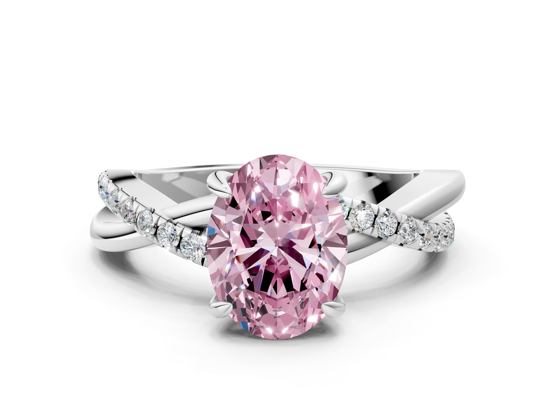 White gold Fancy Pink Oval  Cut Twist Band Solitaire Diamond Ring with Pavé Setting_3