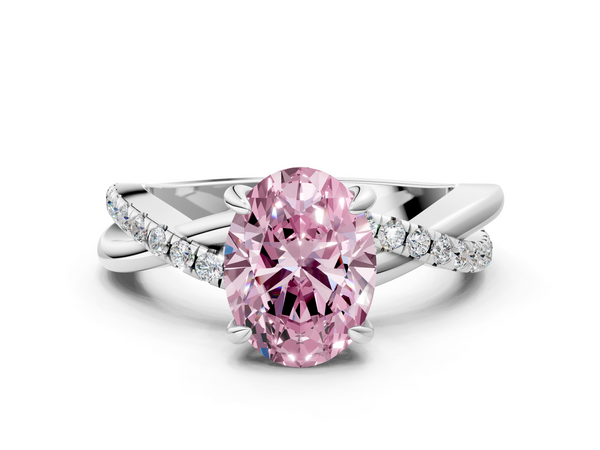 Silver 1.38 Carat Pink VS2 Oval Cut Twist Band Solitaire Diamond Ring with Pavé Setting