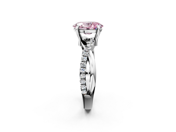 Silver 1.38 Carat Pink VS2 Oval Cut Twist Band Solitaire Diamond Ring with Pavé Setting