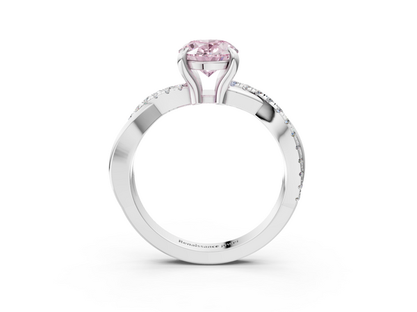 Silver 1.38 Carat Pink VS2 Oval Cut Twist Band Solitaire Diamond Ring with Pavé Setting