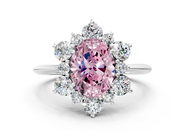 White gold Fancy Pink Oval  Diamond Cluster Halo Ring with Solitaire Band and Four-Prong Setting