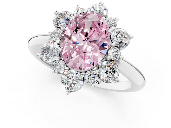 White gold Fancy Pink Oval  Diamond Cluster Halo Ring with Solitaire Band and Four-Prong Setting