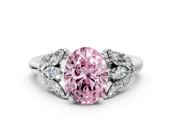 White gold Fancy Pink Oval  Diamond Cluster Leaf Design Ring with Prong Setting