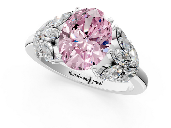 White gold Fancy Pink Oval  Diamond Cluster Leaf Design Ring with Prong Setting