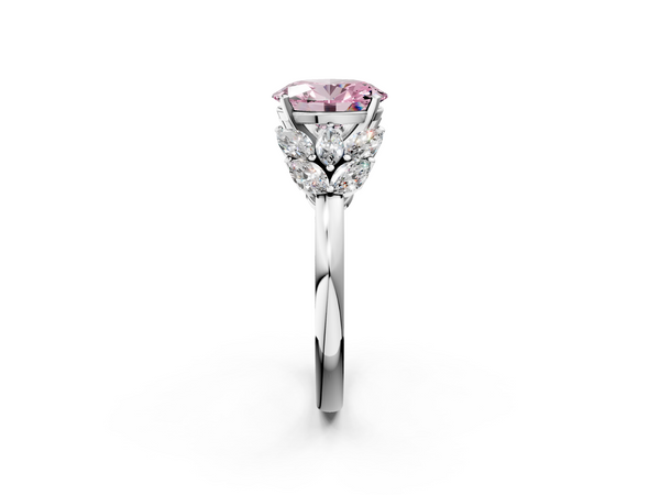 White gold Fancy Pink Oval  Diamond Cluster Leaf Design Ring with Prong Setting