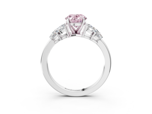 White gold Fancy Pink Oval  Diamond Cluster Leaf Design Ring with Prong Setting