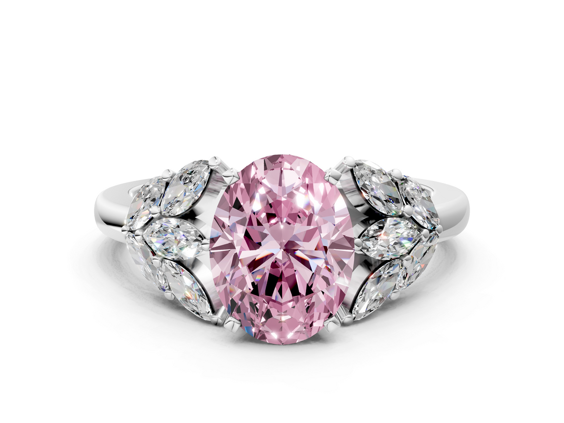 White gold Fancy Pink Oval  Diamond Cluster Leaf Design Ring with Prong Setting_70