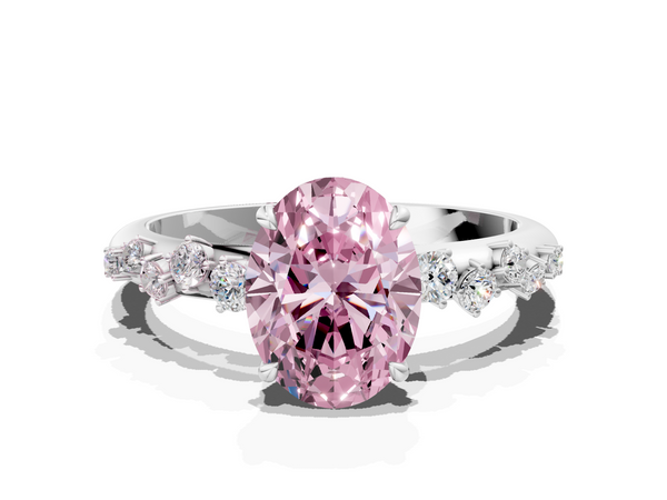 White gold Fancy Pink Oval  Diamond Cluster Prong-Set Solitaire Ring
