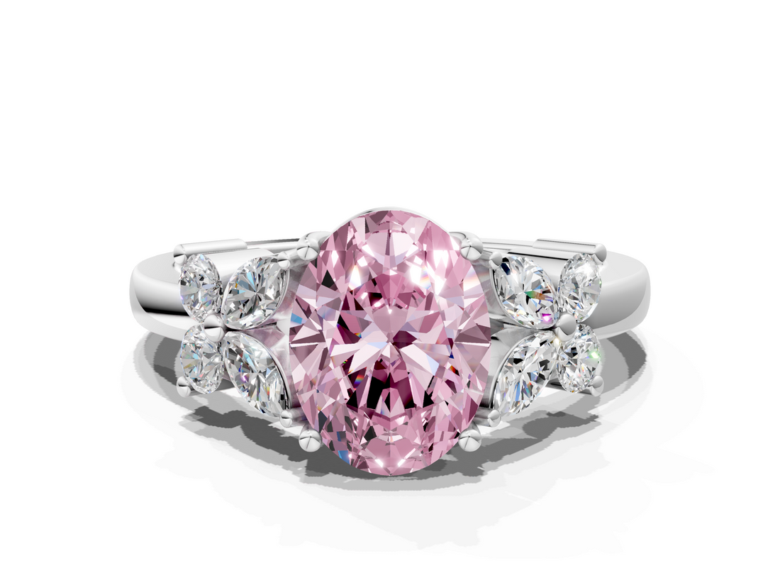 White gold Fancy Pink Oval  Diamond Floral Cluster Ring with Solitaire Band and Prong Setting_65