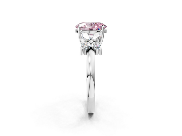 Platinum Fancy Pink Oval  Diamond Floral Cluster Ring with Solitaire Band and Prong Setting