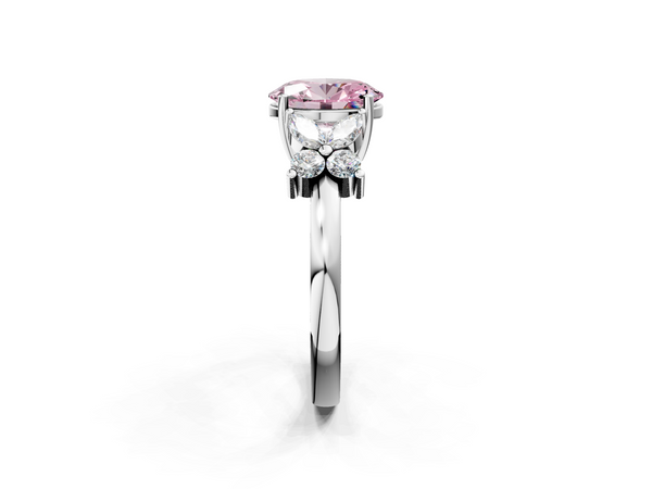 Platinum Fancy Pink Oval  Diamond Floral Cluster Ring with Solitaire Band and Prong Setting