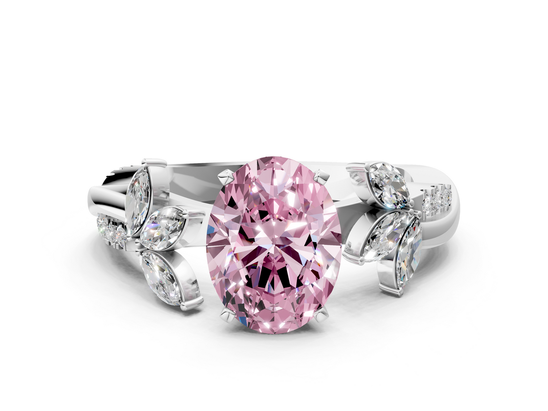 White gold Fancy Pink Oval  Diamond Floral Vine Solitaire Engagement Ring_3