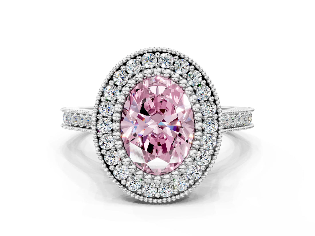 White gold Fancy Pink Oval  Diamond Halo Ring with Milgrain Frame and Pavé Band_72