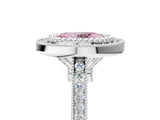 White gold Fancy Pink Oval  Diamond Halo Ring with Milgrain Frame and Pavé Band_77