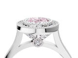 White gold Fancy Pink Oval  Diamond Halo Ring with Milgrain Frame and Pavé Band_77