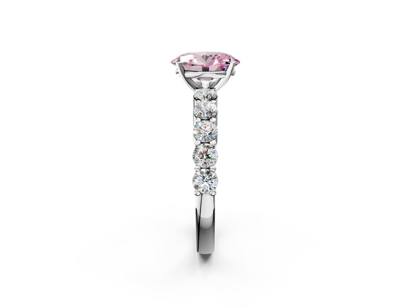 Platinum Fancy Pink Oval  Diamond Solitaire Ring with Shared Prong Round Side Stones