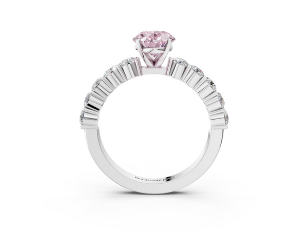 Platinum Fancy Pink Oval  Diamond Solitaire Ring with Shared Prong Round Side Stones