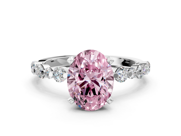 White gold Fancy Pink Oval Cut Diamond Prong Set Engagement Ring with Pavé Band