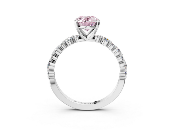White gold Fancy Pink Oval Cut Diamond Prong Set Engagement Ring with Pavé Band