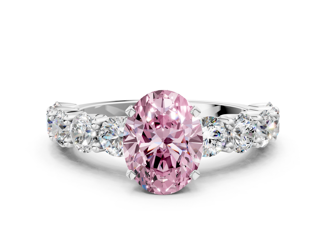 White gold Fancy Pink Oval  Diamond Prong Setting with Side Stones on a Pave Band_102